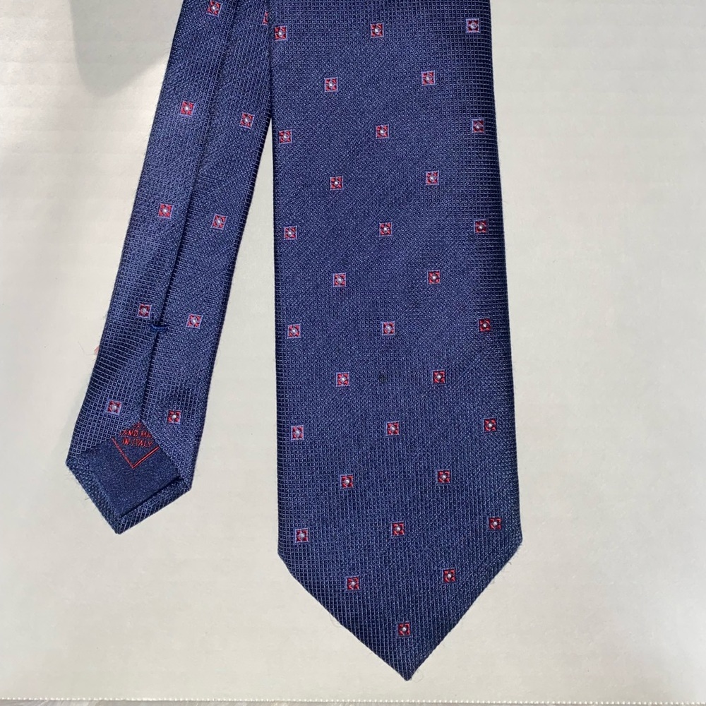 Brioni Navy Blue Silk Tie with Red Dot Motif